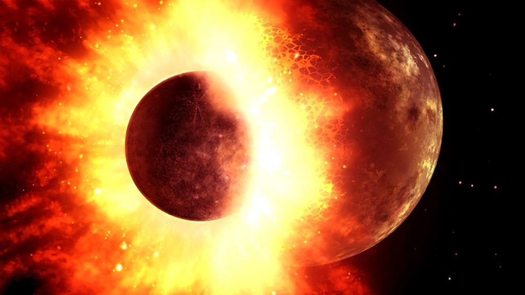 Umelecká predstava zrážky dvoch planetárnych telies, podobnej kolízii mladej Zeme s protoplanétou Theia, ktorá mohla viesť k vzniku Mesiaca. Foto: Artsiom P / Shutterstock