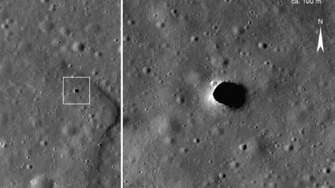 Fotografia: Záhadný otvor Marius Hills Pit na povrchu Mesiaca zachytený sondou Lunar Reconnaissance Orbiter. Na pravej strane je zväčšený detail otvoru, ktorý môže predstavovať vstup do rozsiahleho podzemného lávového tunela. NASA chce v rámci projektu GIMLI preskúmať jeho okolie a zistiť, či sa pod povrchom skutočne nachádza veľká dutina. Foto: NASA / LROC / Arizona State University, zdroj: Wikimedia Commons