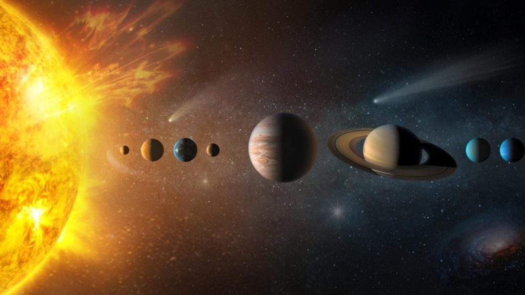 Ilustračná fotografia: Umelecká vizualizácia Slnečnej sústavy s planétami na pozadí hviezdneho vesmíru. Nové vedecké simulácie naznačujú, že gravitačné pôsobenie okolitých hviezd môže v priebehu miliárd rokov narušiť stabilitu planetárnych dráh a v extrémnych prípadoch viesť až k vypudeniu niektorých planét zo Slnečnej sústavy. Foto: Triff / Shutterstock