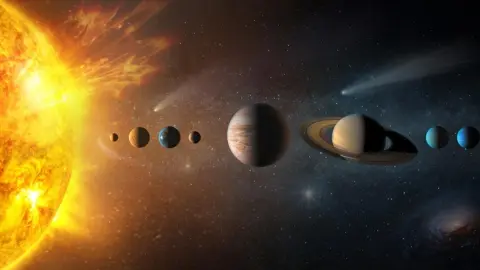 Ilustračná fotografia: Umelecká vizualizácia Slnečnej sústavy s planétami na pozadí hviezdneho vesmíru. Nové vedecké simulácie naznačujú, že gravitačné pôsobenie okolitých hviezd môže v priebehu miliárd rokov narušiť stabilitu planetárnych dráh a v extrémnych prípadoch viesť až k vypudeniu niektorých planét zo Slnečnej sústavy. Foto: Triff / Shutterstock