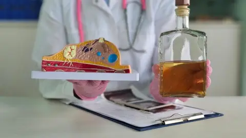 Ilustračná fotografia: Lekár drží fľašu alkoholu pri zdravotníckych materiáloch o ženskom prsníku. Svetová zdravotnícka organizácia upozorňuje, že konzumácia alkoholu zvyšuje riziko rakoviny prsníka, a to aj pri relatívne nízkych dávkach. Podľa údajov WHO o tejto súvislosti vie iba 15 % opýtaných v 14 krajinách Európskej únie. Foto: NMK-Studio / Shutterstock