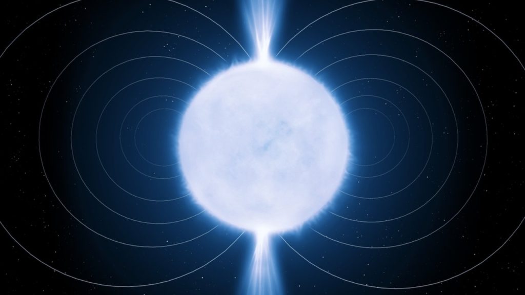 Ilustračná fotografia: Umelecká vizualizácia magnetaru, mimoriadne hustej neutrónovej hviezdy s extrémne silným magnetickým poľom. Vedci predpokladajú, že práve magnetary môžu byť zdrojom mnohých rýchlych rádiových zábleskov, akým je aj signál FRB 20240304B, ktorý putoval vesmírom viac než 10 miliárd rokov. Jeho presný pôvod však zatiaľ nie je potvrdený. Foto: Nazarii_Neshcherenskyi / Shutterstock